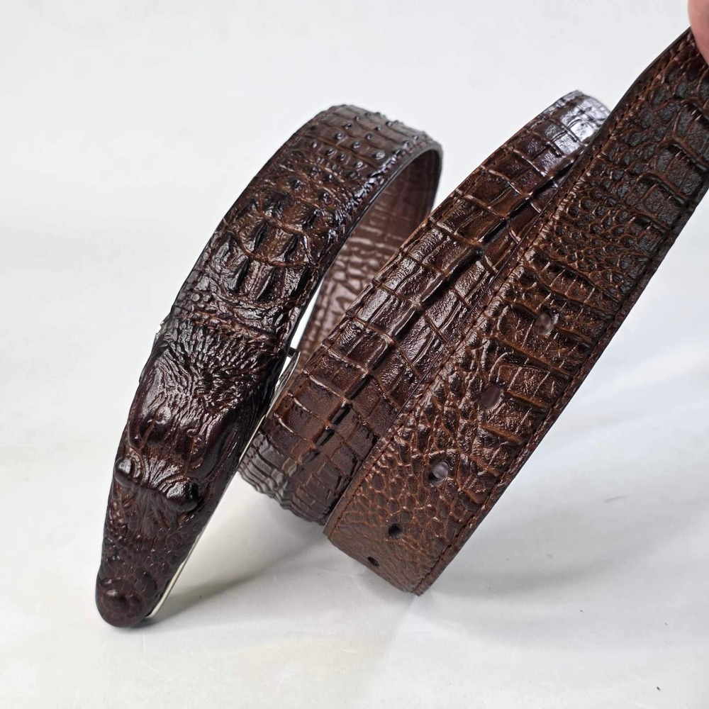 Men's Brown Crocodile Embossed Leather Belt with 3D Alligator Head Buckle Biker